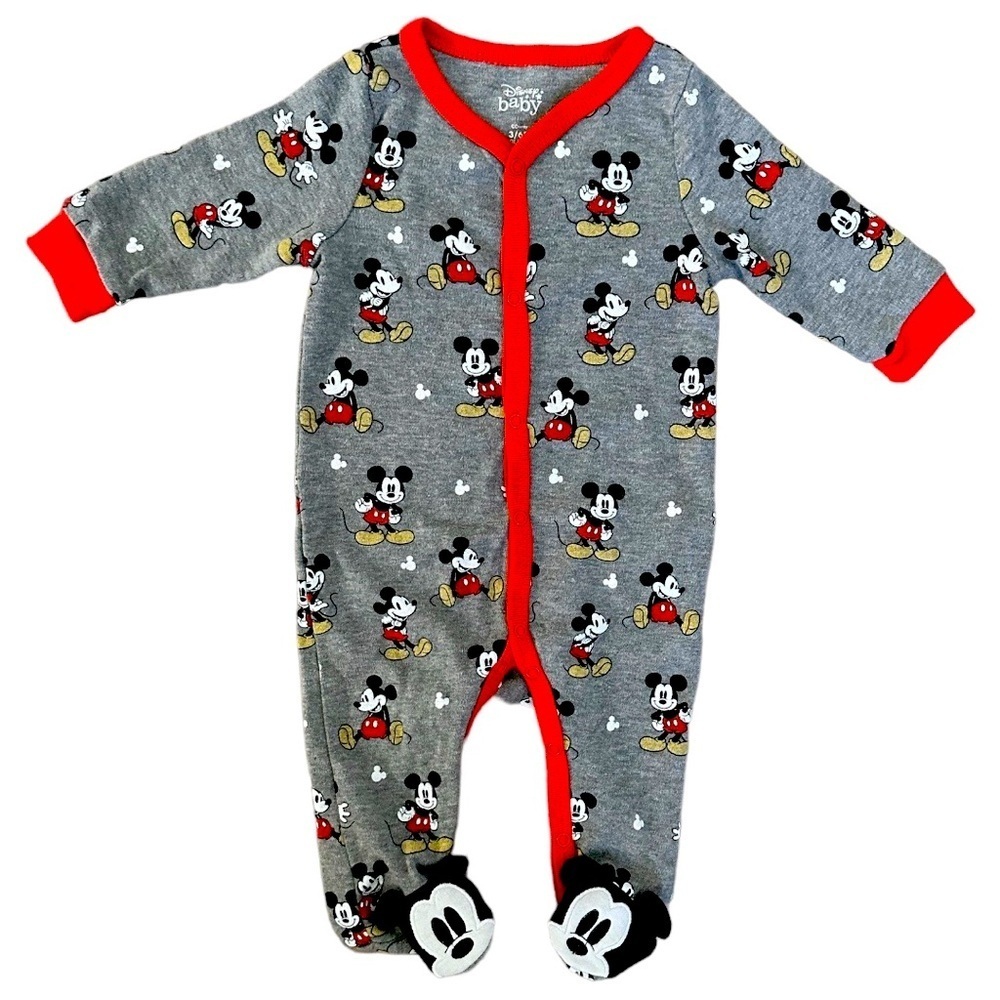 Disney Baby Boy Mickey Mouse Gray Black Red Long Sleeved Footies 3-6 Months